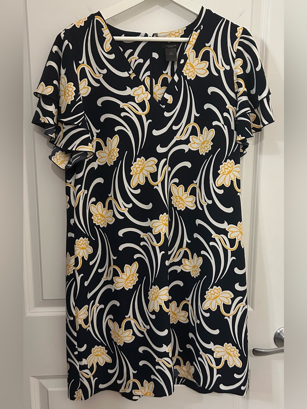 Ann Taylor Women's Navy Floral Print V-Neck Ruffle Sleeve Knee-Length Dress 14